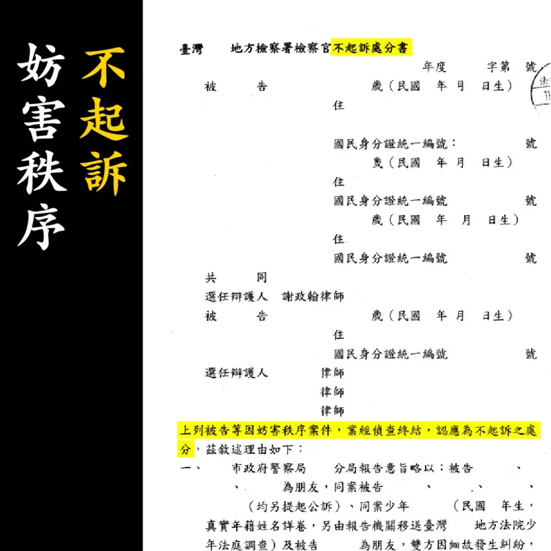 不起訴處分書（已遮蔽個資）圖檔 1