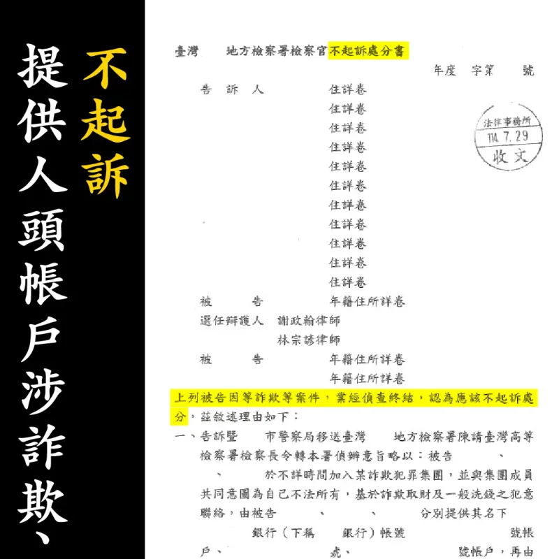 不起訴處分書（已遮蔽個資）圖檔 1